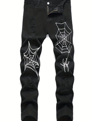 Spider Web Pattern Slim Fit Ripped Jeans Men's Casual Street Style Denim Pants