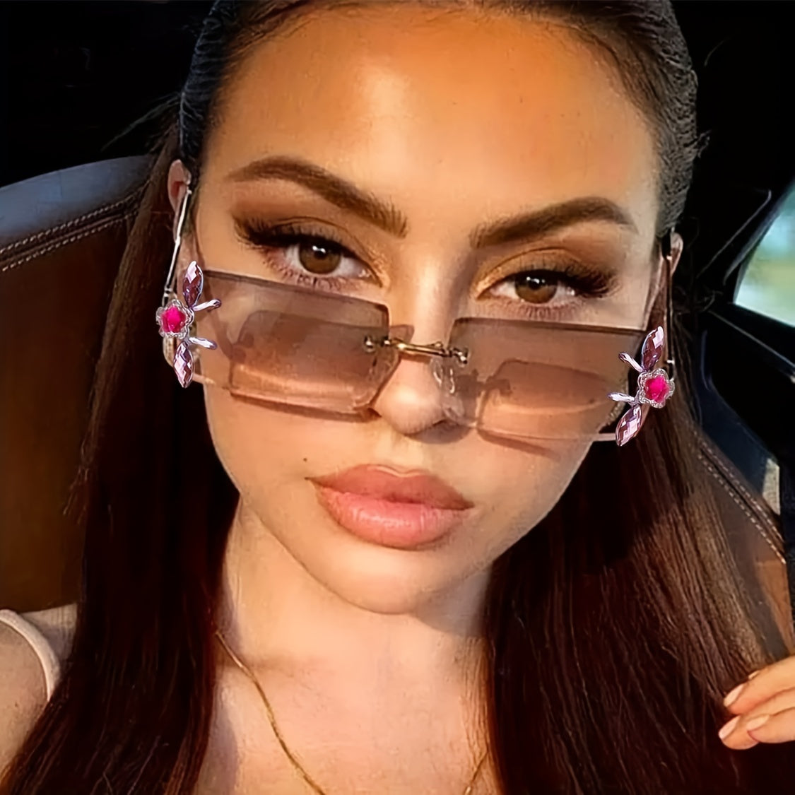 Rimless Sunglasses Rhinestone Flower Gradient Metal Glasses UV400