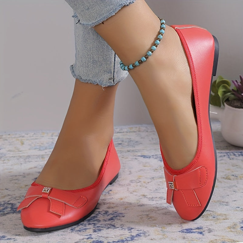 Women's Rhinestone & Bowknot Flat Shoes Slip On Faux Leather Shoes