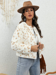 Allover Print Open Front Teddy Coat for Fall & Winter