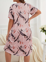 Retro Nightdress Women's Butterfly & Leaf Print Tee Sleep Dress