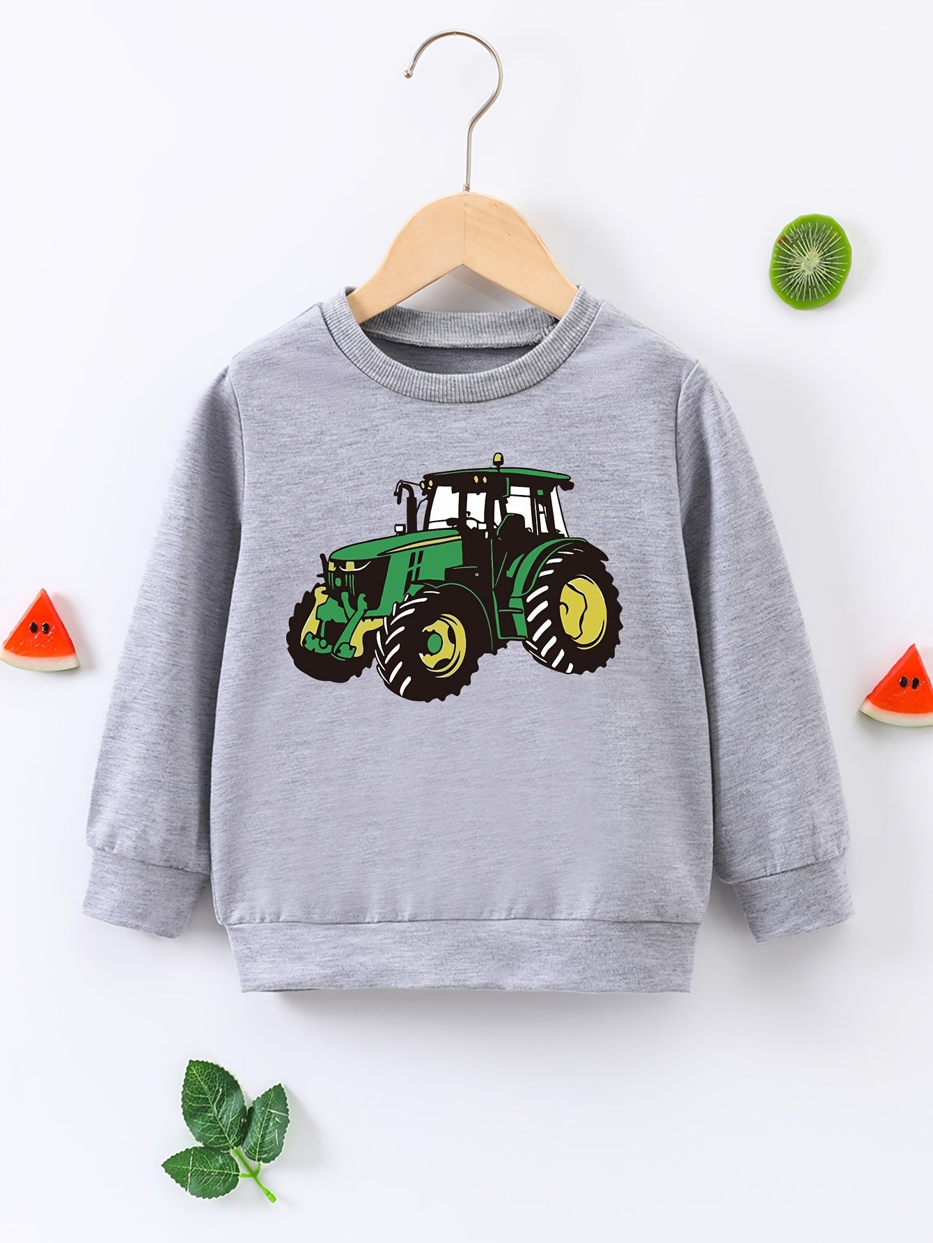 Cartoon Tractor Print Boys Casual Pullover Sweatshirt Long Sleeve Crew Neck Tops