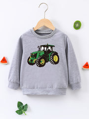 Cartoon Tractor Print Boys Casual Pullover Sweatshirt Long Sleeve Crew Neck Tops