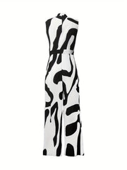 Abstract Print Button Front Jumpsuit Sleeveless Wide Leg Jumpsuit