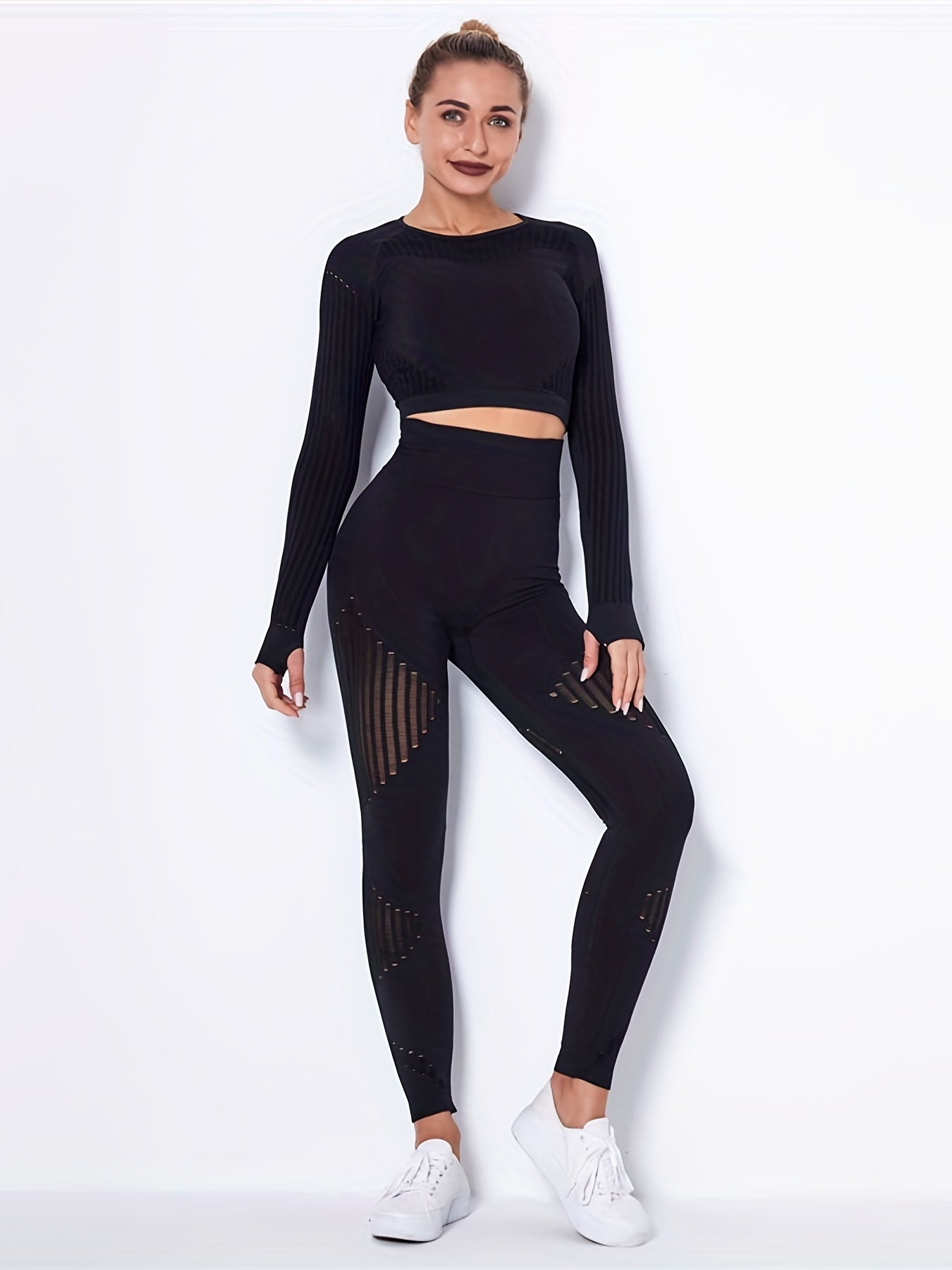 Yoga Set 2 Piece Crop Top & Leggings Stripe Hollow Out Workout Suit