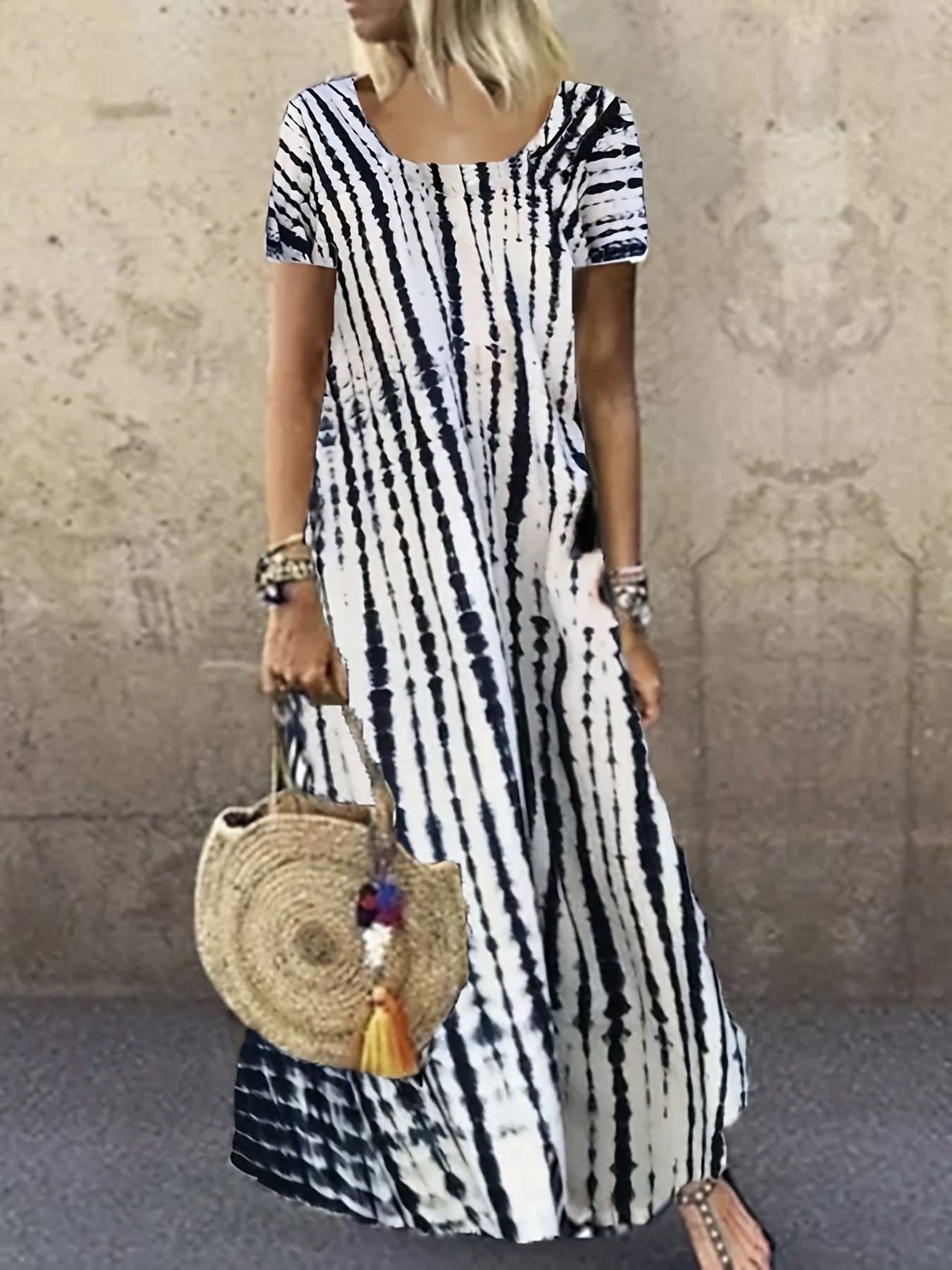 Tie Dye Striped Dress Short Sleeve Ankle Dress