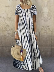 Tie Dye Striped Dress Short Sleeve Ankle Dress