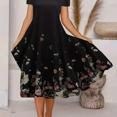 Floral Print Short Sleeve V Neck Plus Size Boho Dress