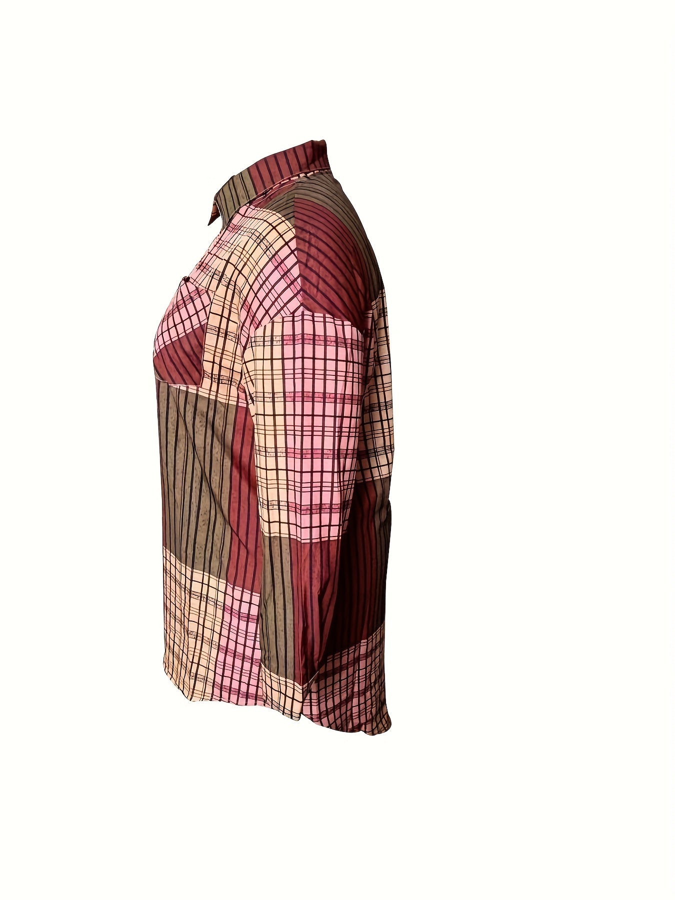 Colorblock Plaid Blouse Long Sleeve Button Up