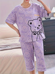 Cartoon Bear Print Pajamas Set Short Sleeve Crew Neck Top & Crop Pants