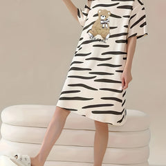 Cartoon Bear Print Lounge Dress Soft Comfy Short Sleeve Women's Loungewear