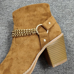 Women's Chain Ankle Boots Side Zipper Block Heeled Shoes