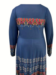 Boho Dress Women's Plus Floral Lantern Sleeve Pleated Dress