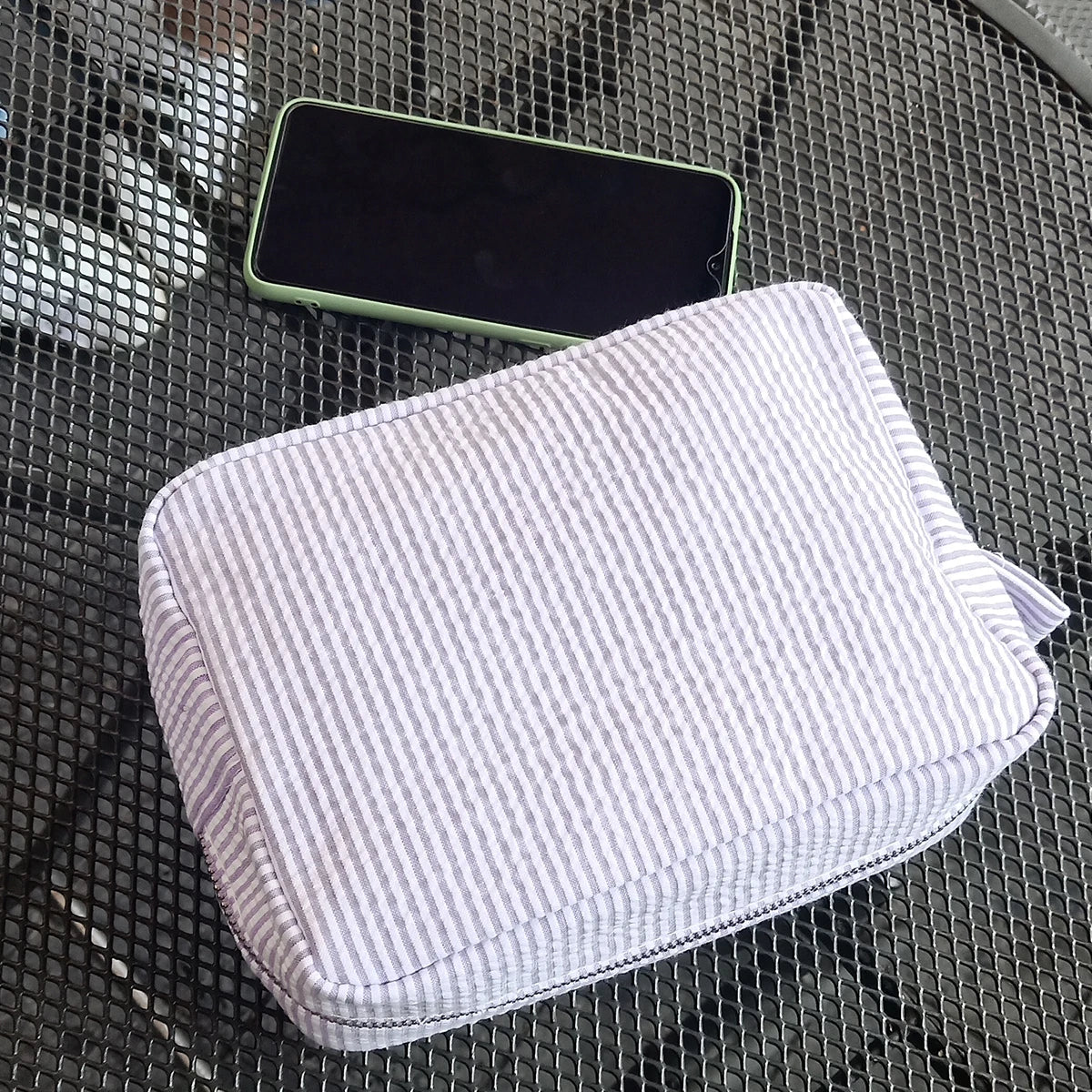 23CM Seersucker Cosmetic Bag Pink Striped Makeup Storage Women Travel Dom103059