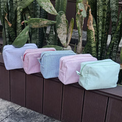 23CM Seersucker Cosmetic Bag Pink Striped Makeup Storage Women Travel Dom103059