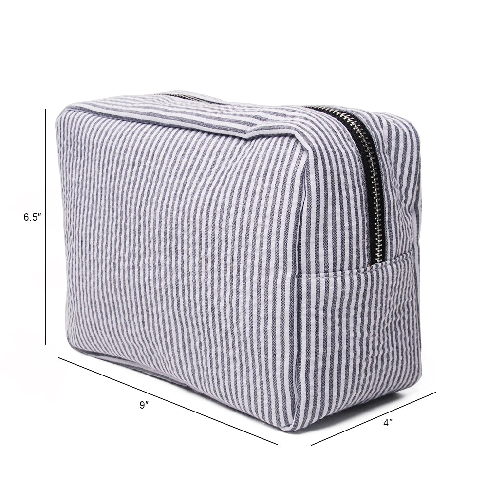 23CM Seersucker Cosmetic Bag Pink Striped Makeup Storage Women Travel Dom103059