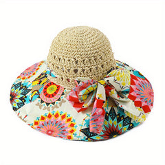 Boho Crochet Sun Hat Wide Brim Straw Hat Bowknot Fisherman Cap