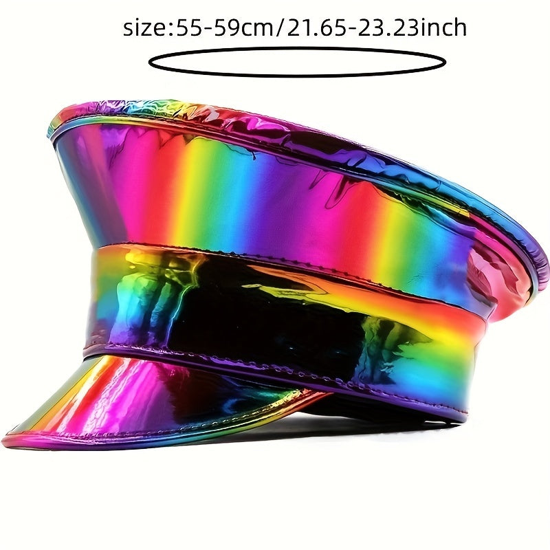 Rainbow Holographic Captain Hat Laser PU Military Hat Hip Hop Beret