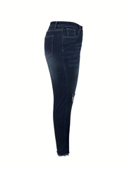 Casual Jeans Women's Plus Washed Ripped Button Fly Jeans