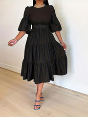 Women's Plus Solid Bubble Sleeve Midi Smock Dress