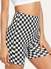Checkerboard Print Yoga Shorts High Waist Sports Fitness Activewear