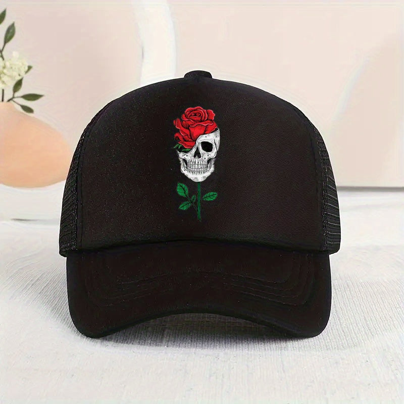 Skull Rose Print Baseball Cap Adjustable Sun Hat Hip Hop Dad Hats
