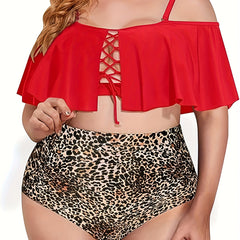 Tankini Set Cold Shoulder Ruffle Trim Cape