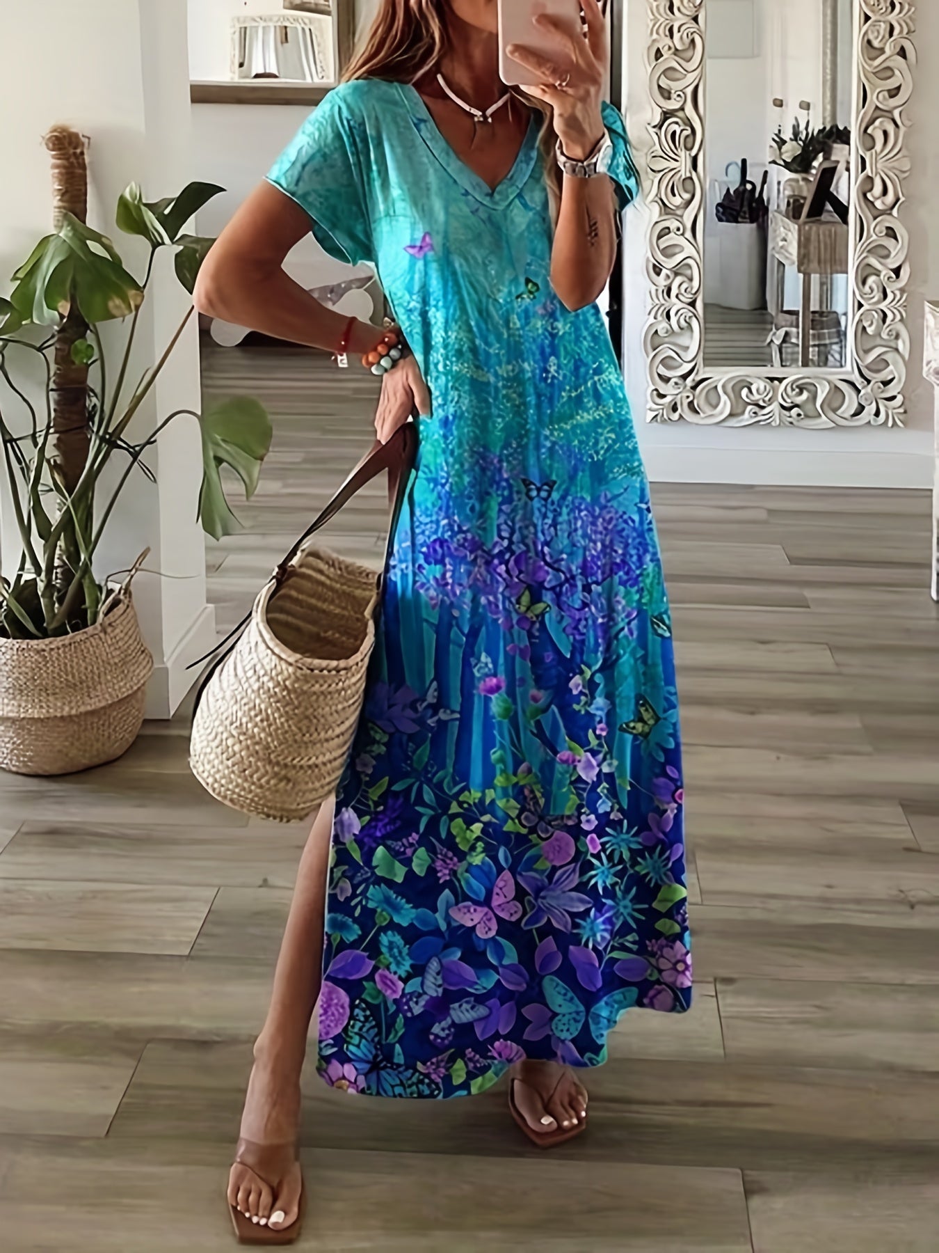 Tribal Print V-Neck Split Maxi Dress