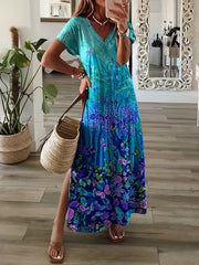 Tribal Print V-Neck Split Maxi Dress