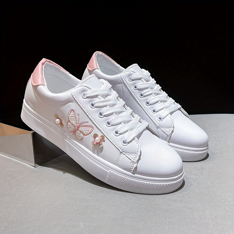 Women's Butterfly Flat Skate Shoes Faux Pearl Decor Low Top Sneakers