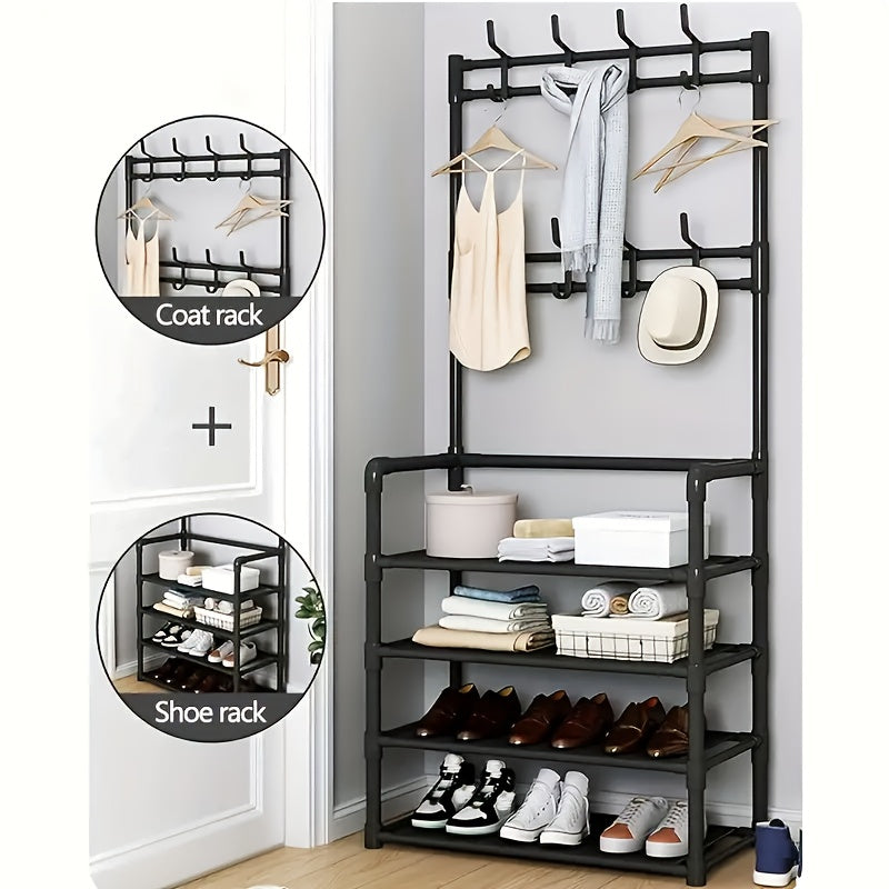 Entrance Coat Rack Shoe Rack Standing Coat Rack with 4 Layers Storage Shelves