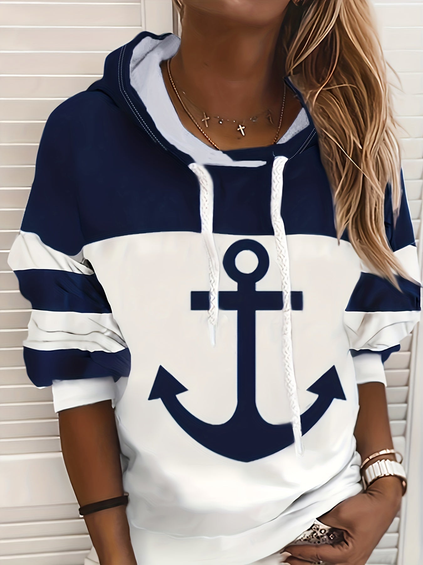 Anchor Print Drawstring Hoodie Casual Sweatshirt Women's Clothing