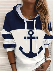 Anchor Print Drawstring Hoodie Casual Sweatshirt Women's Clothing