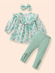 Girl's Plant Print Suit Doll Collar Top Pants Set