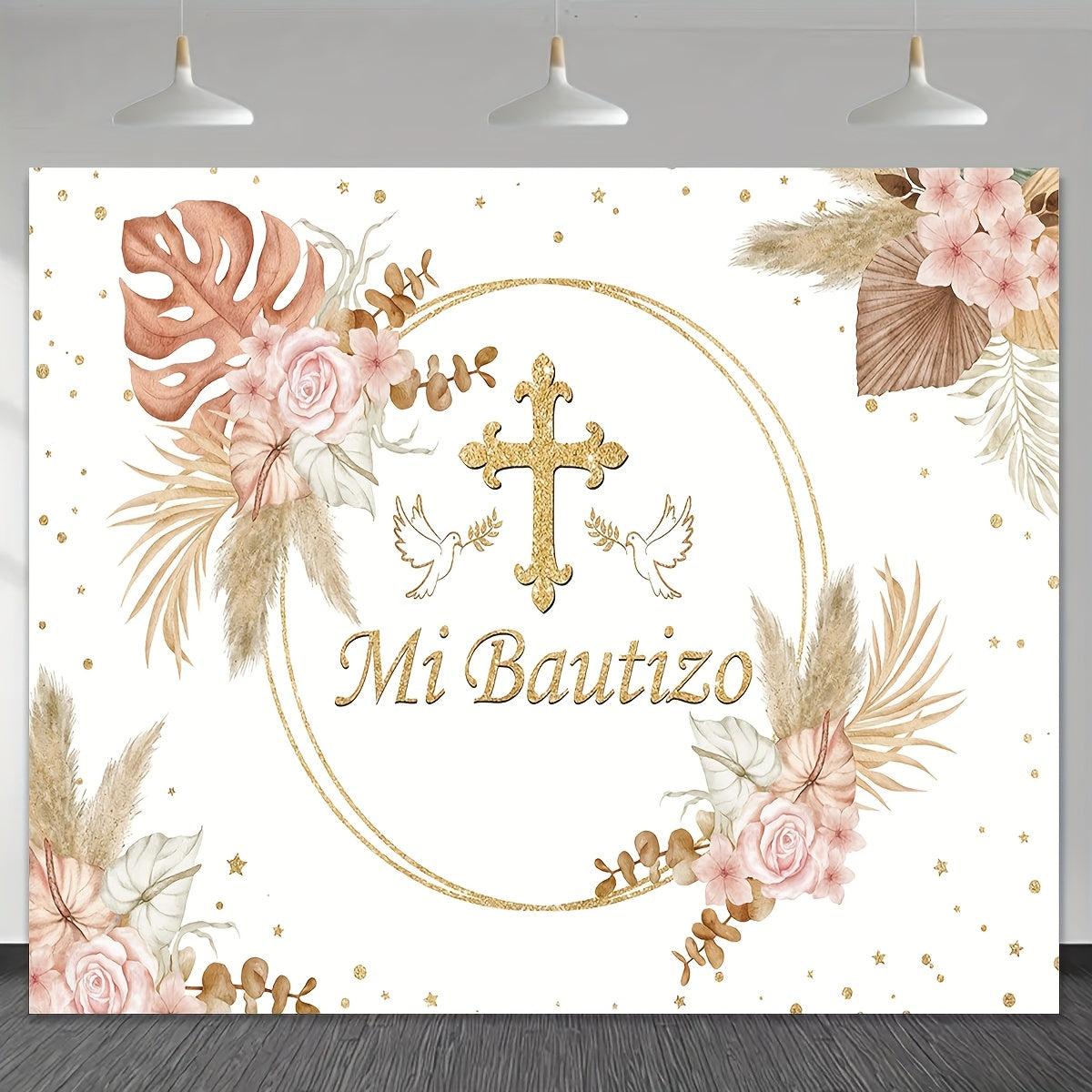 Pink Floral Baptism Banner with Golden Accents - Mi Baptizo Christening Backdrop