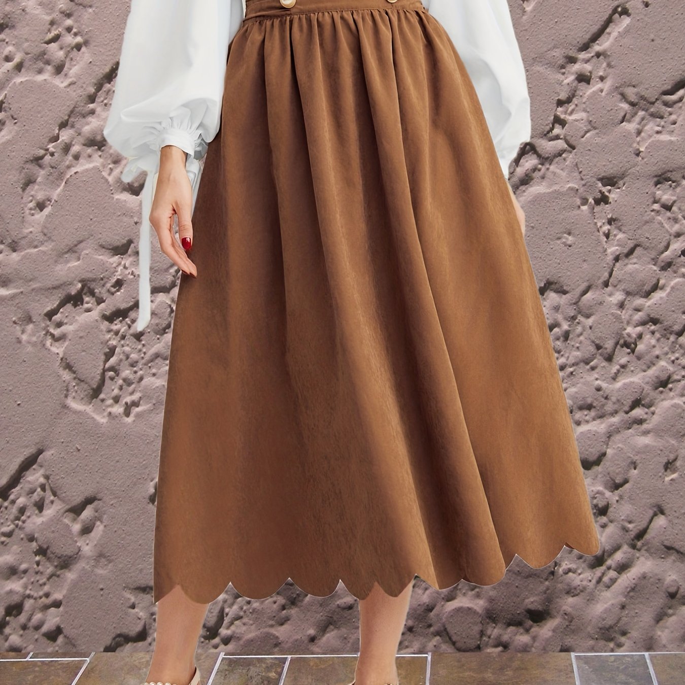 Pleated Scallop Trim Midi Skirt Vintage High Waist Skirt