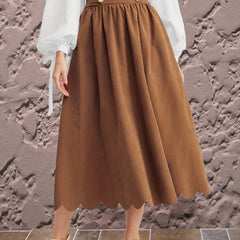Pleated Scallop Trim Midi Skirt Vintage High Waist Skirt