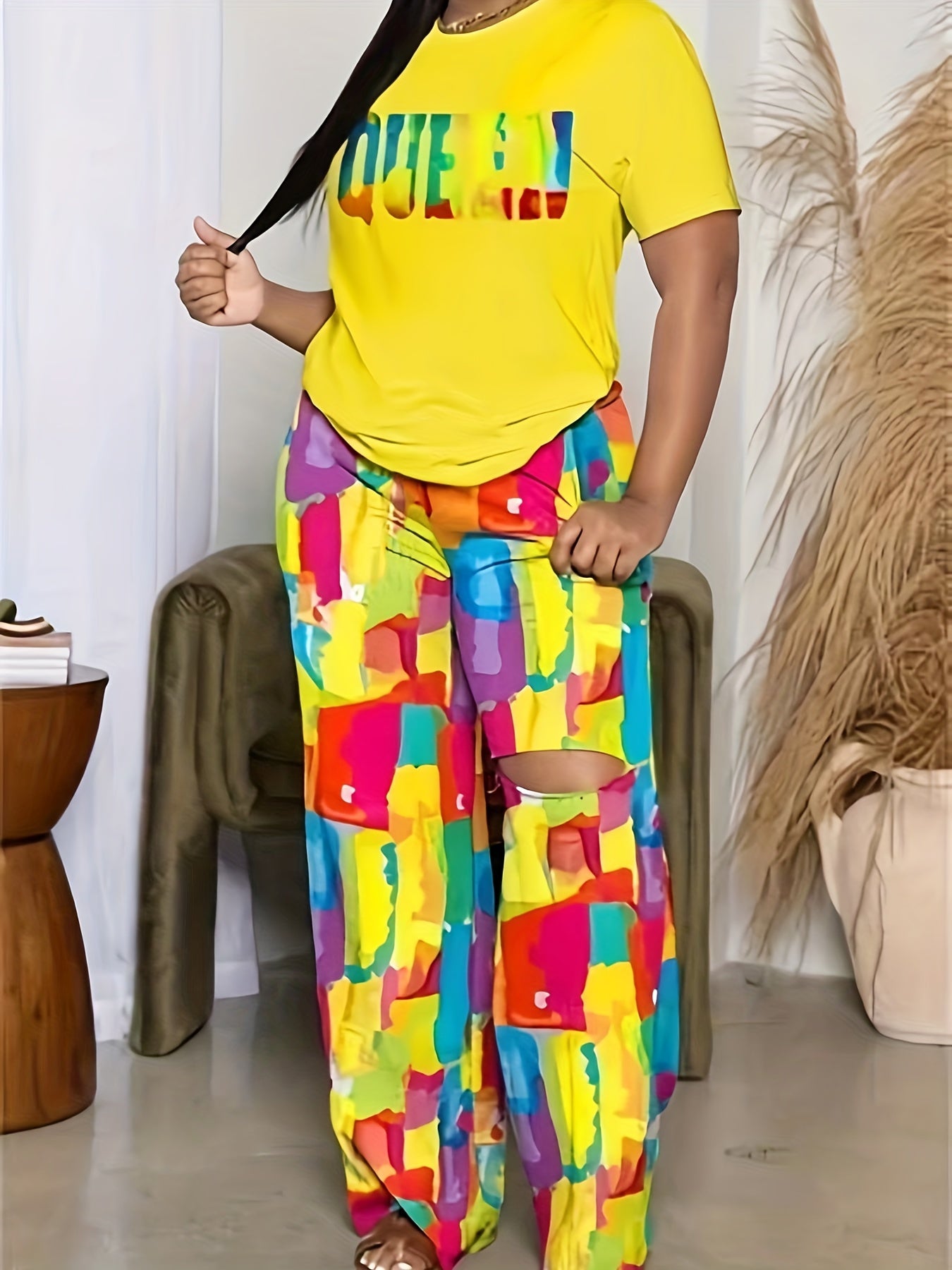 2pcs Queen Print Tee & Allover Print Wide Leg Pants Set Women's Clothing