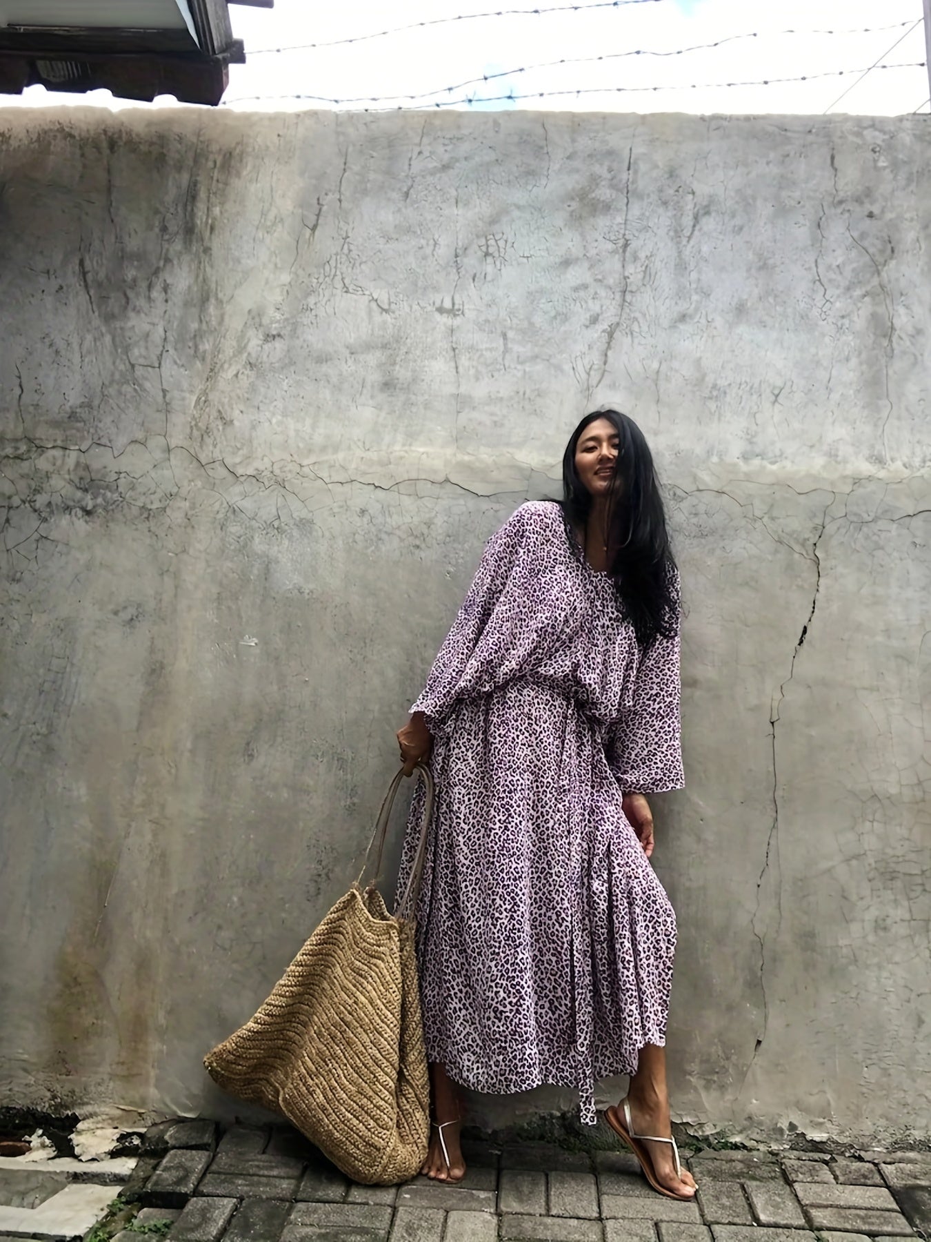 Boho Cover Up Women's Plus Leopard Print V Neck Split Maxi Kaftan