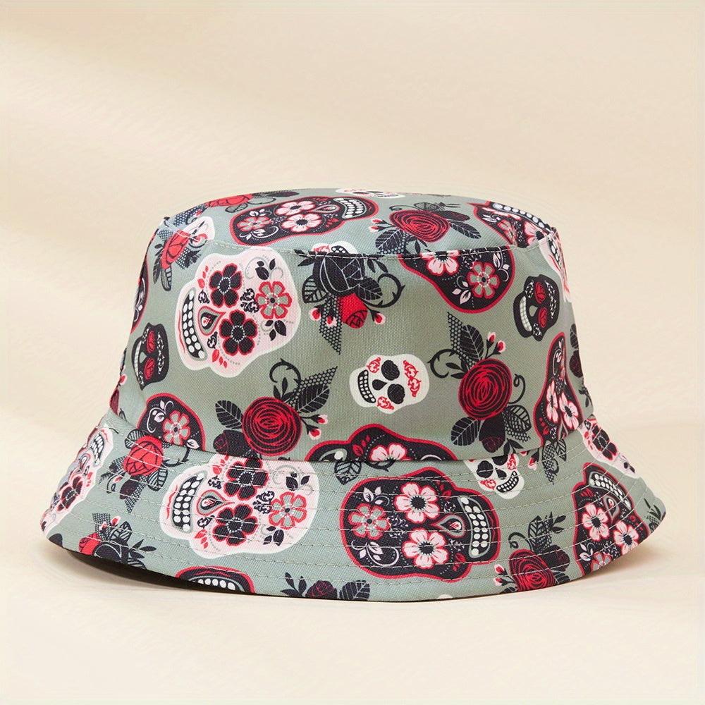 Skull Rose Print Sunshade Bucket Hat for Outdoor Travel