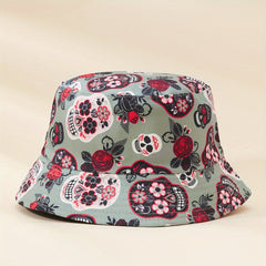 Skull Rose Print Sunshade Bucket Hat for Outdoor Travel