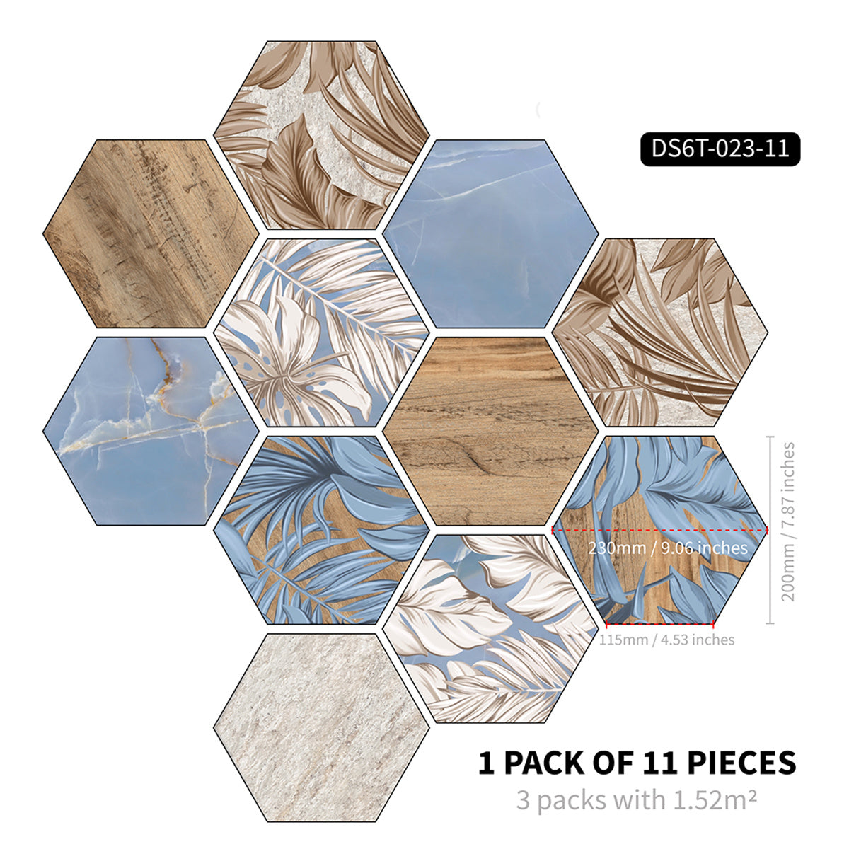 11pcs Colorful Wood Grain Art Hexagon Floor Stickers Waterproof Non slip