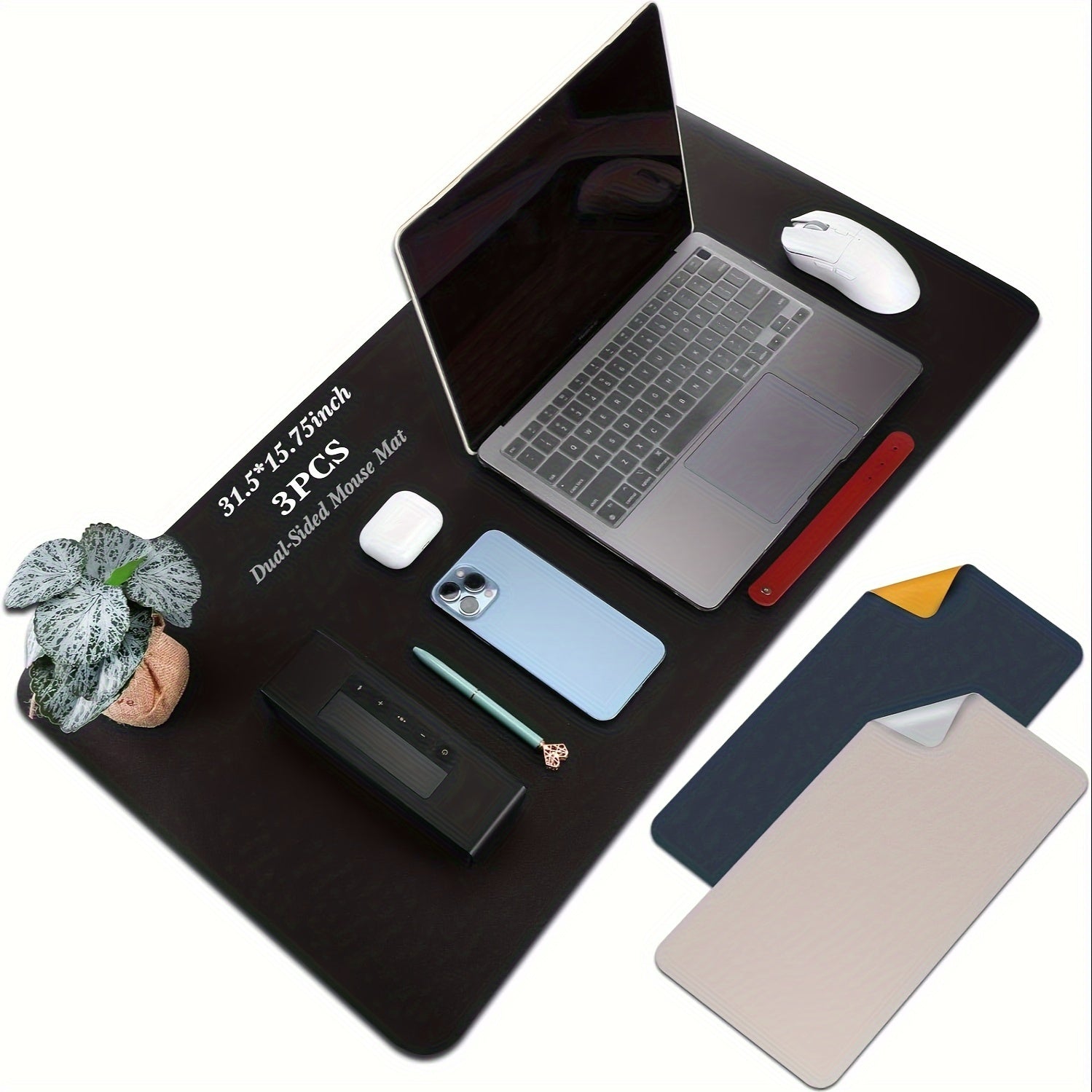 3pcs Dual Sided Faux Leather Desk Pad Non Slip Mat for Office Table