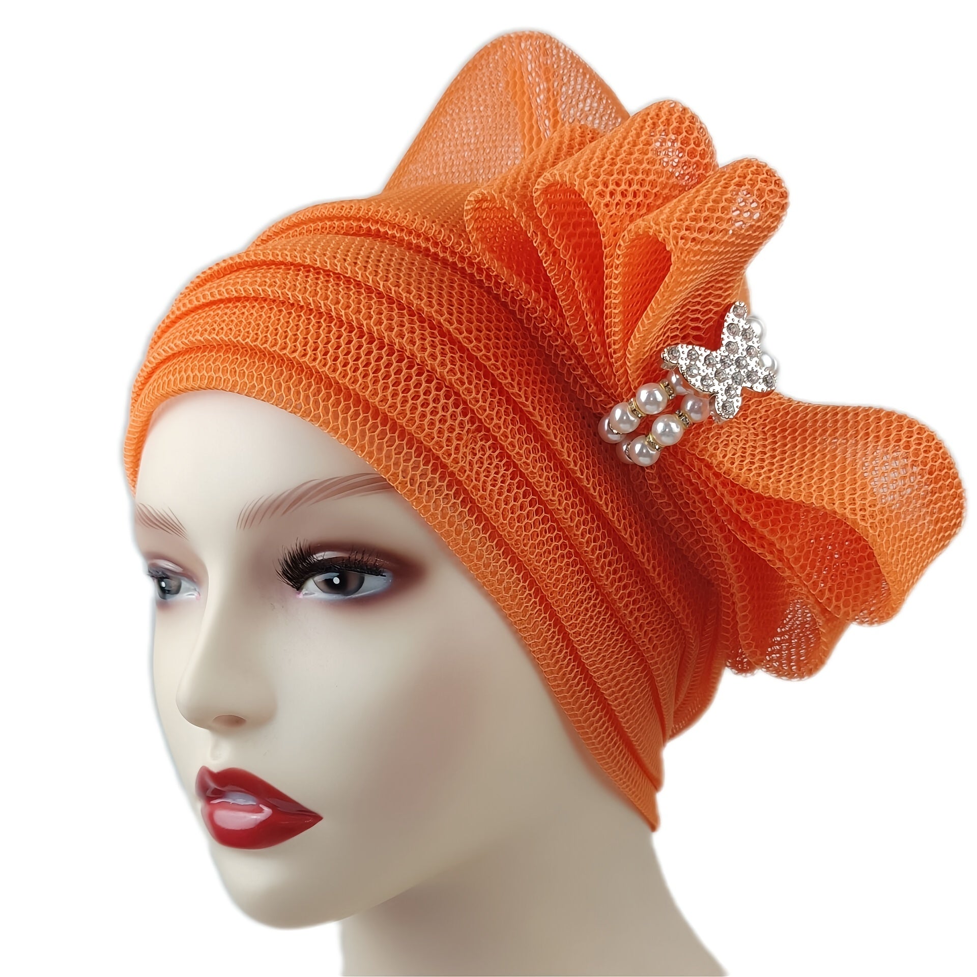 Mesh Pleated Bow Turban Cap Head Scarf Ramadan Head Wraps Beanie