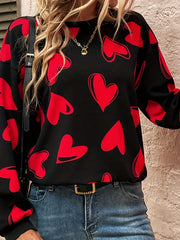 Heart Print Pullover Sweatshirt Women's Crew Neck Fall & Spring Casual Top