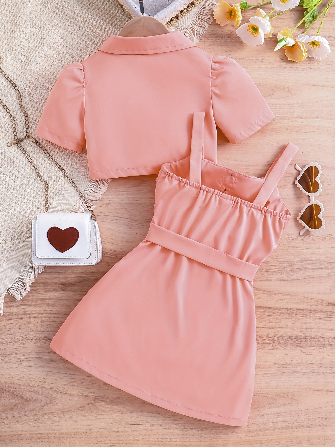 2pcs Girls Puff Sleeve Blazer & Belted Cami Dress