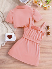 2pcs Girls Puff Sleeve Blazer & Belted Cami Dress