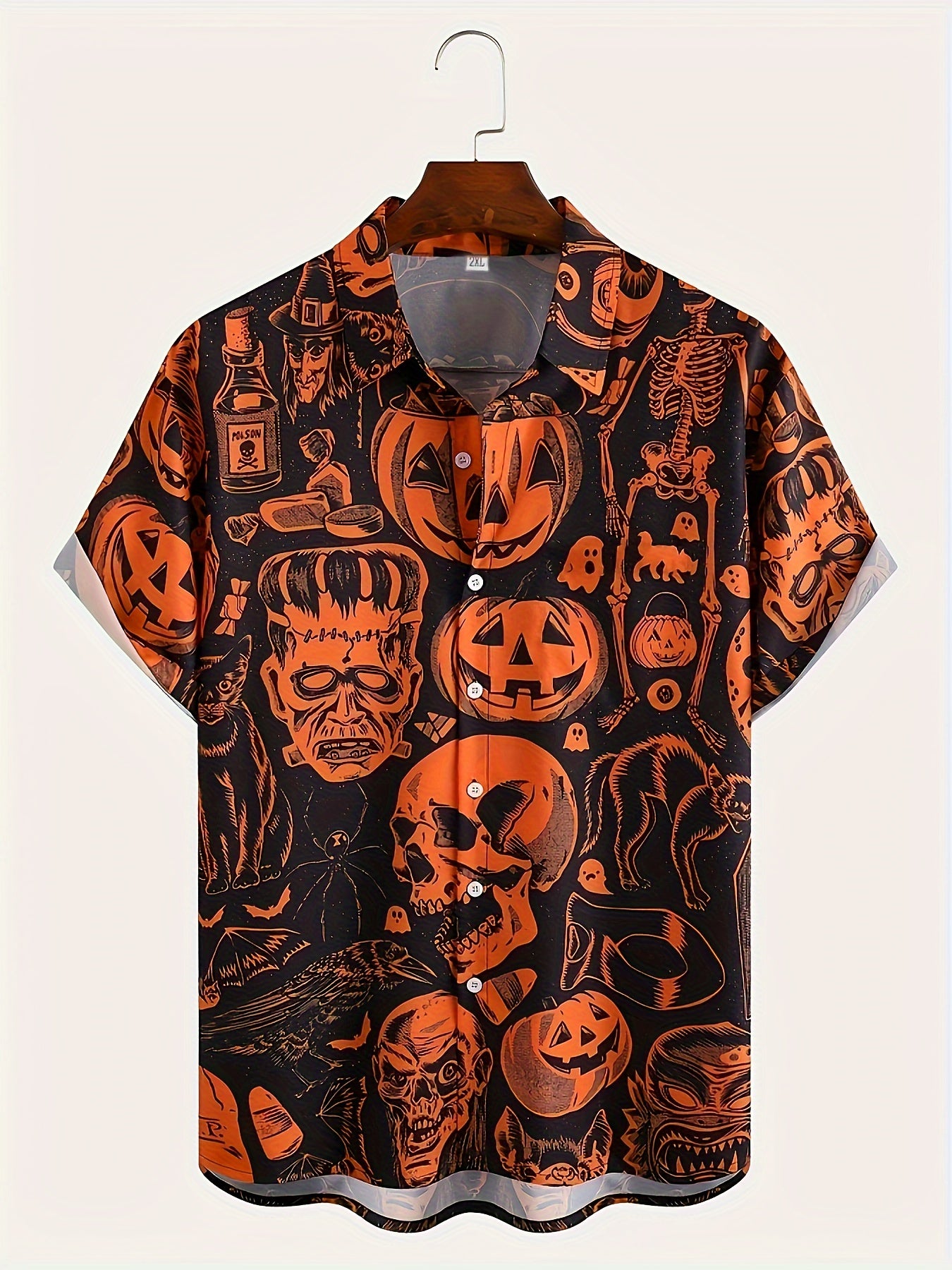 Men's Pumpkin Print Button Up Short Sleeve Shirt