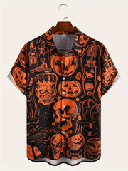 Men's Pumpkin Print Button Up Short Sleeve Shirt