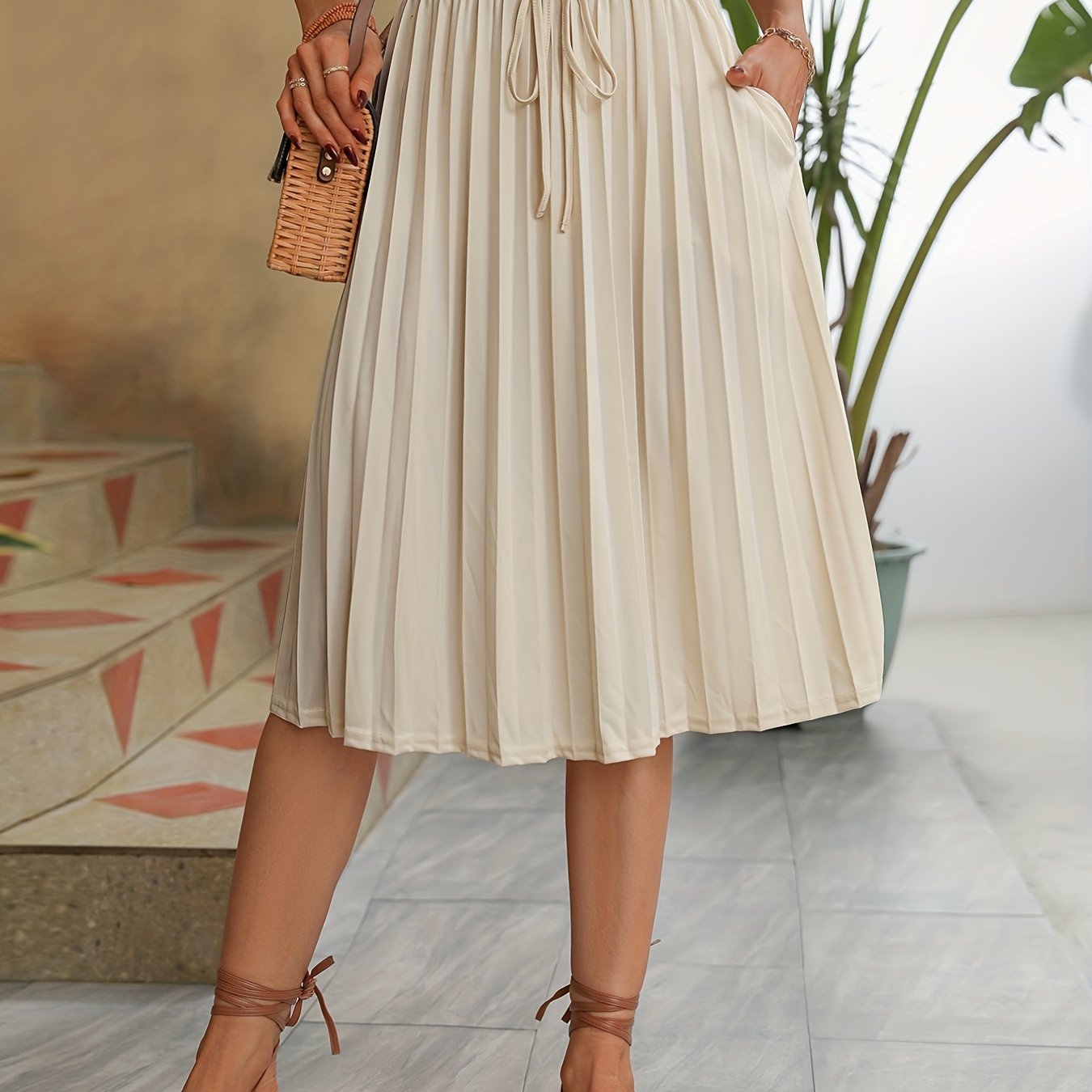 Solid Shirred Waist Pleated Skirt Casual Women's Clothing